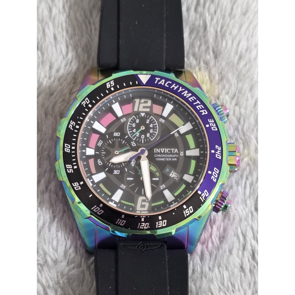 Invicta Aviator 24579 Men Black Silicone Analog Quartz Watch Rainbow Iridescent